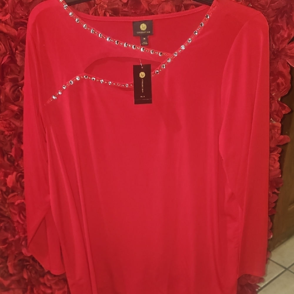 JM Collection NWT Women's Red Blouse with Rhinestone Detail Size 3X